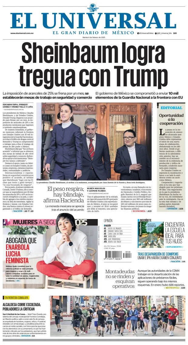 Portada de El Universal del martes, 4 de febrero de 2025