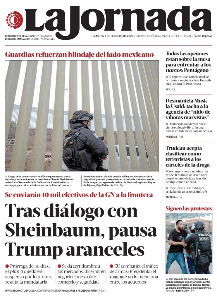 Portada de La Jornada del martes, 4 de febrero de 2025