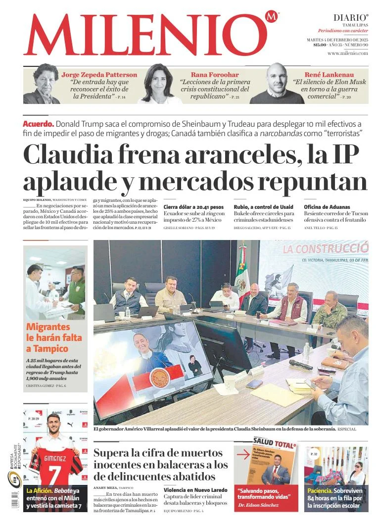 Portada de Milenio Tamaulipas del martes, 4 de febrero de 2025