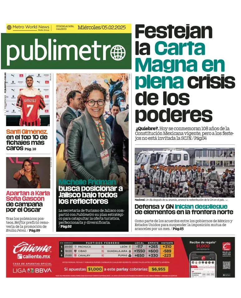 Portada de Publimetro Guadalajara del miércoles, 5 de febrero de 2025