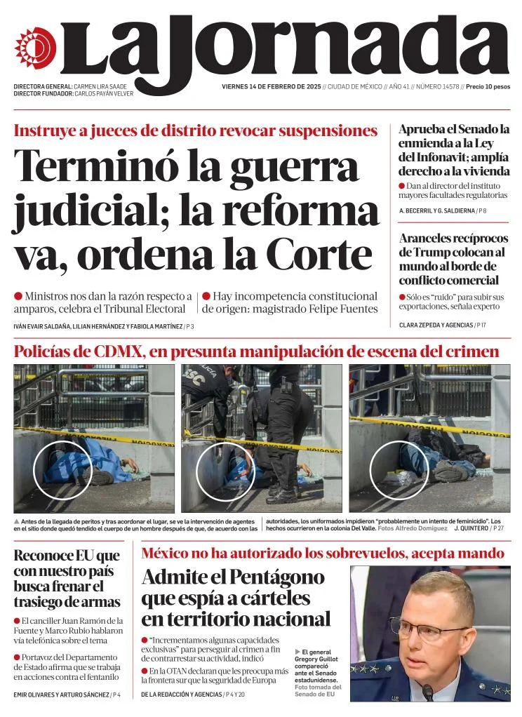 Portada de La Jornada del viernes, 14 de febrero de 2025