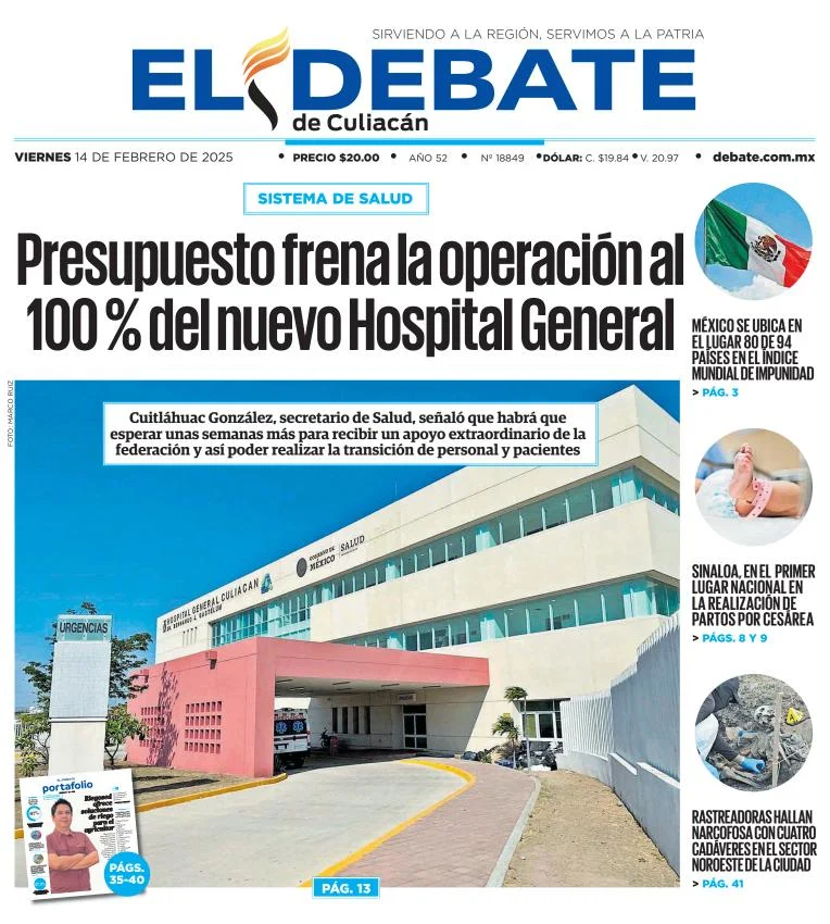 Portada de El Debate de Culiacán del viernes, 14 de febrero de 2025