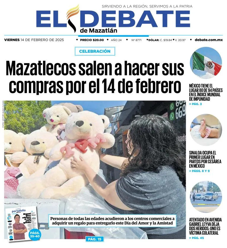 Portada de El Debate de Mazatlán del viernes, 14 de febrero de 2025