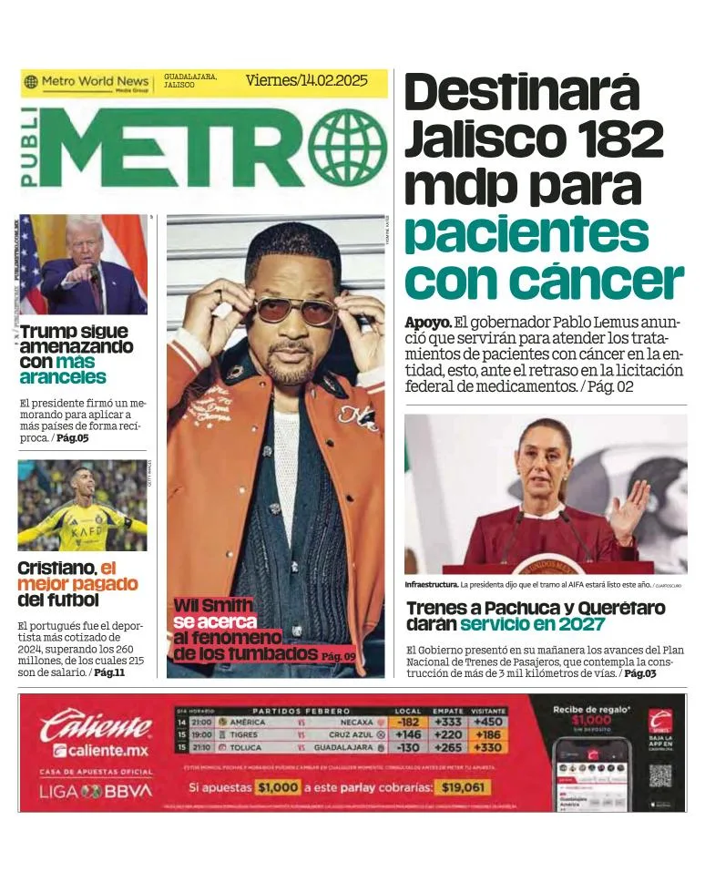 Portada de Publimetro Guadalajara del viernes, 14 de febrero de 2025