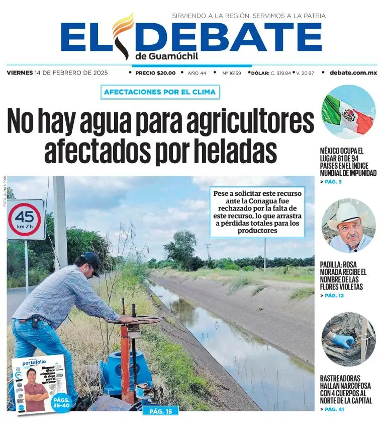 Portada de El Debate de Guamúchil del viernes, 14 de febrero de 2025
