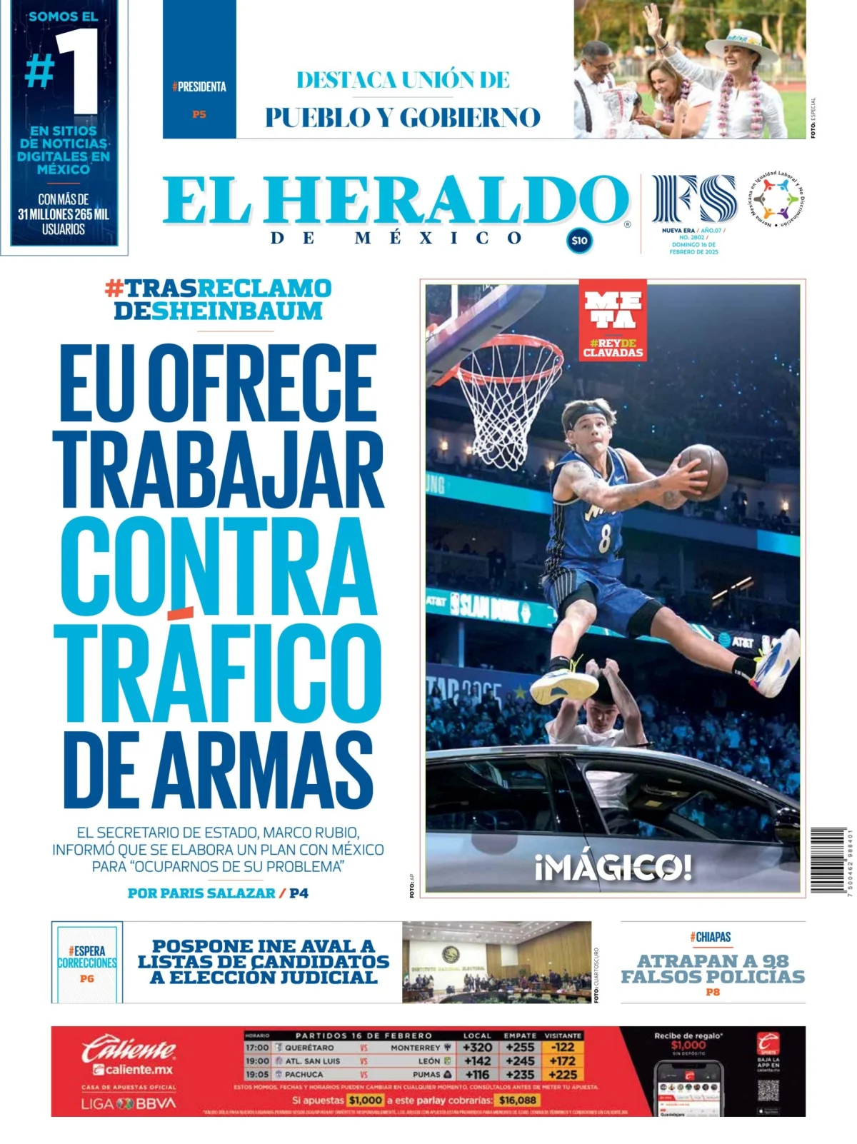 Portada de El Heraldo de Mexico del domingo, 16 de febrero de 2025