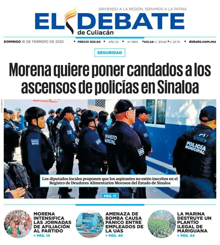 Portada de El Debate de Culiacán del domingo, 16 de febrero de 2025
