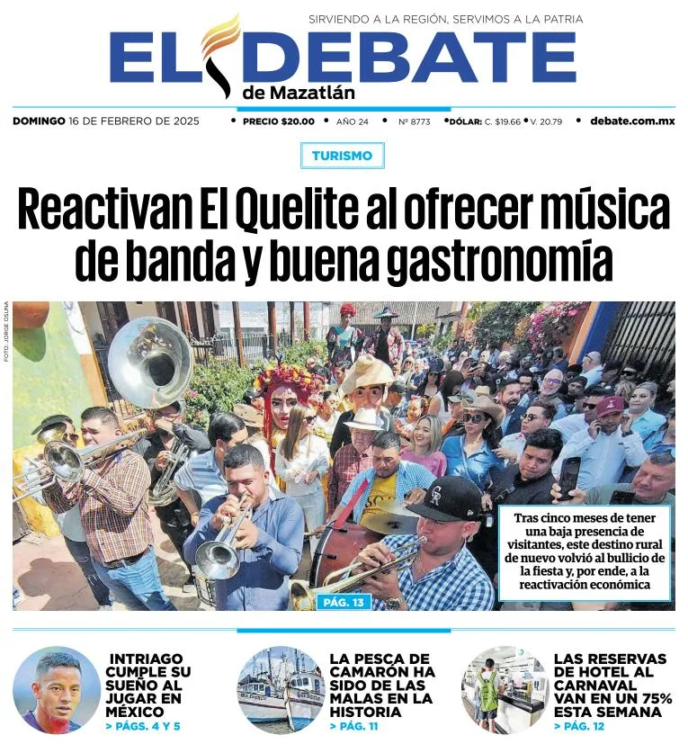 Portada de El Debate de Mazatlán del domingo, 16 de febrero de 2025