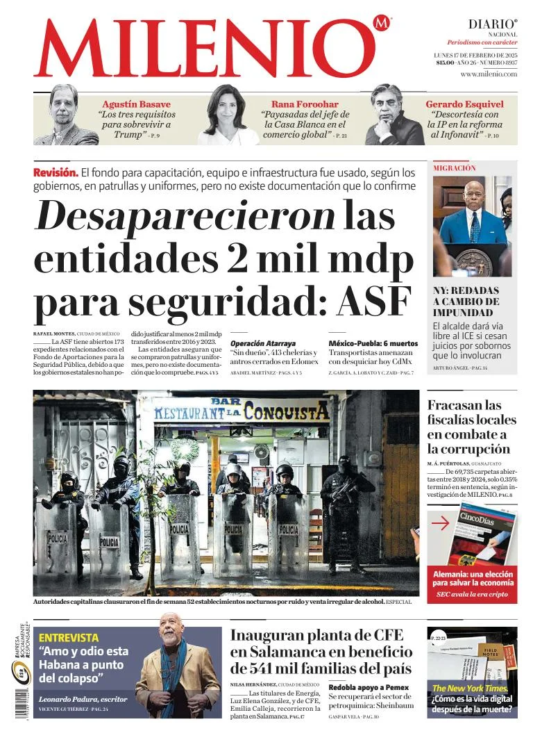 Portada de Milenio del lunes, 17 de febrero de 2025
