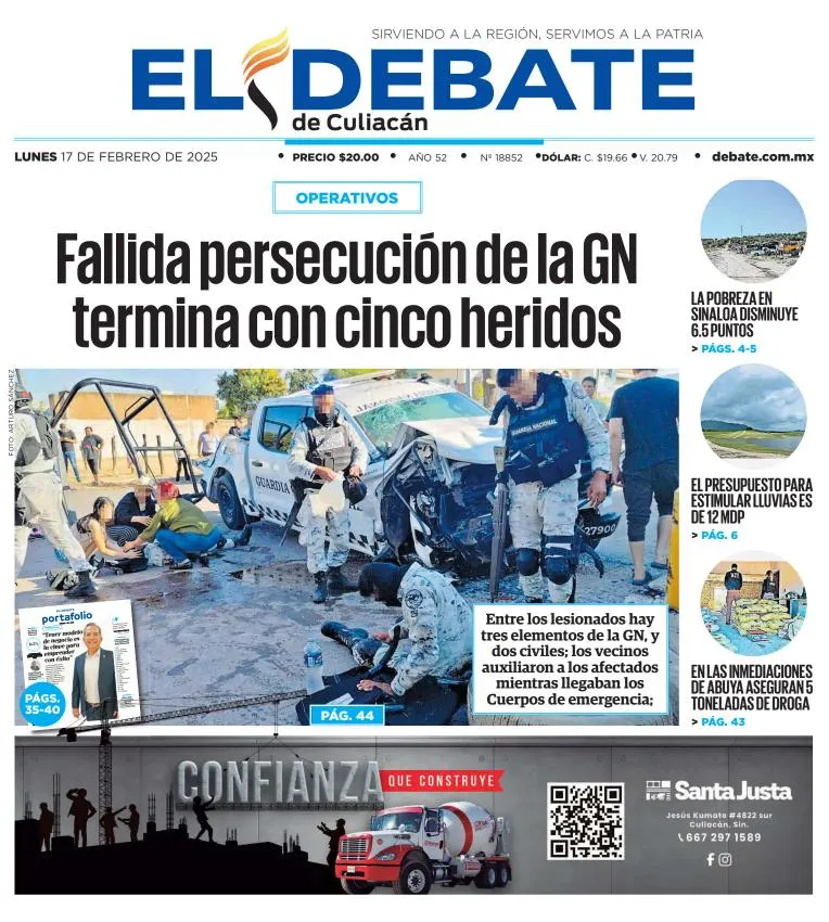 Portada de El Debate de Culiacán del lunes, 17 de febrero de 2025