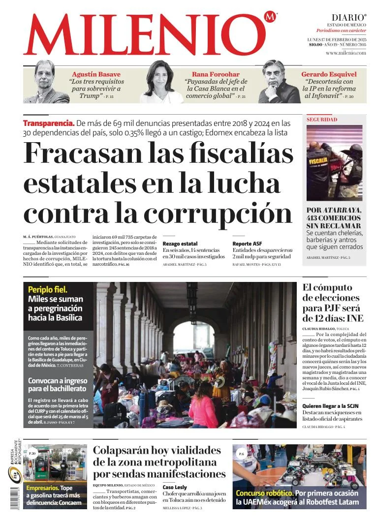 Portada de Milenio Edo de México del lunes, 17 de febrero de 2025