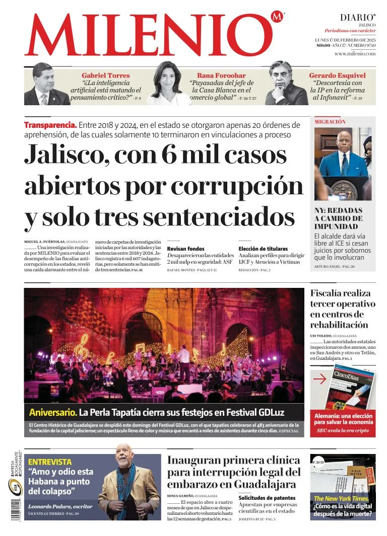 Portada de Milenio Jalisco del lunes, 17 de febrero de 2025