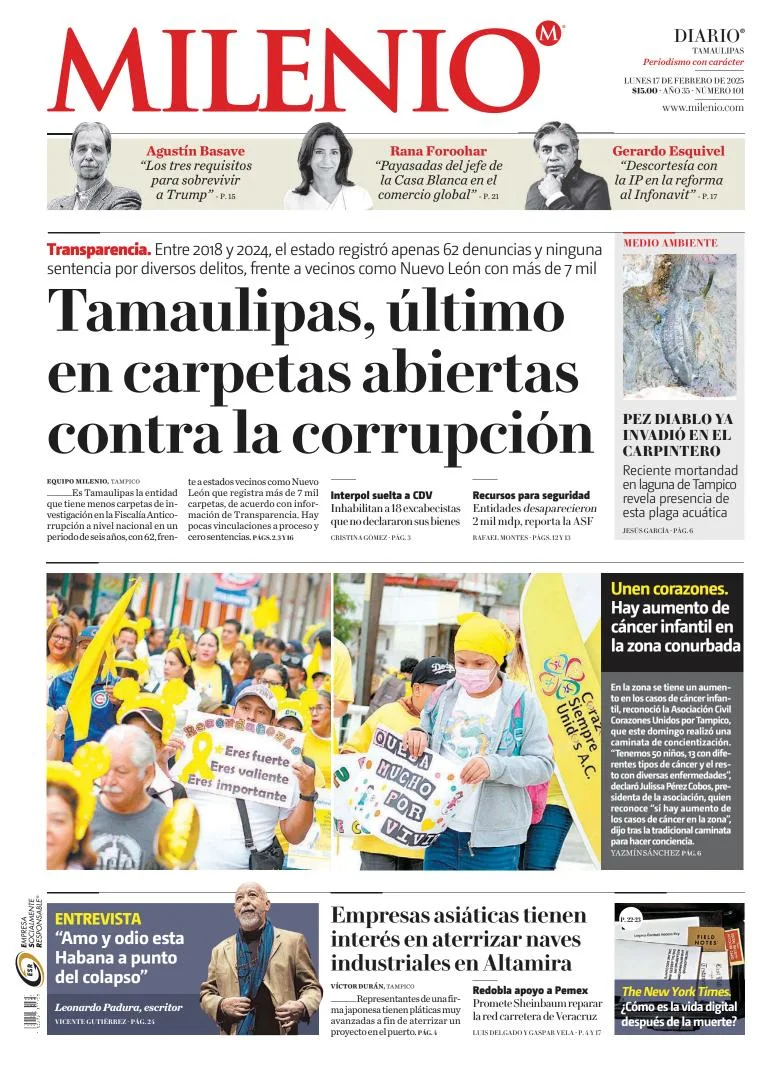 Portada de Milenio Tamaulipas del lunes, 17 de febrero de 2025
