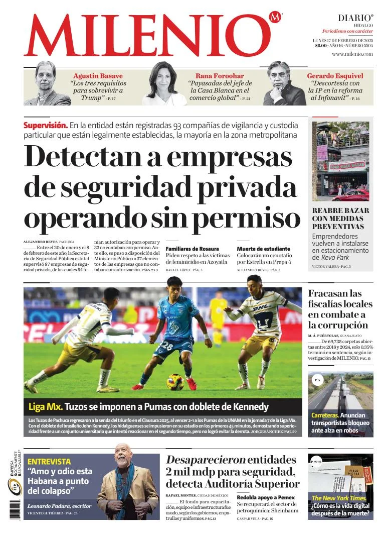 Portada de Milenio Hidalgo del lunes, 17 de febrero de 2025