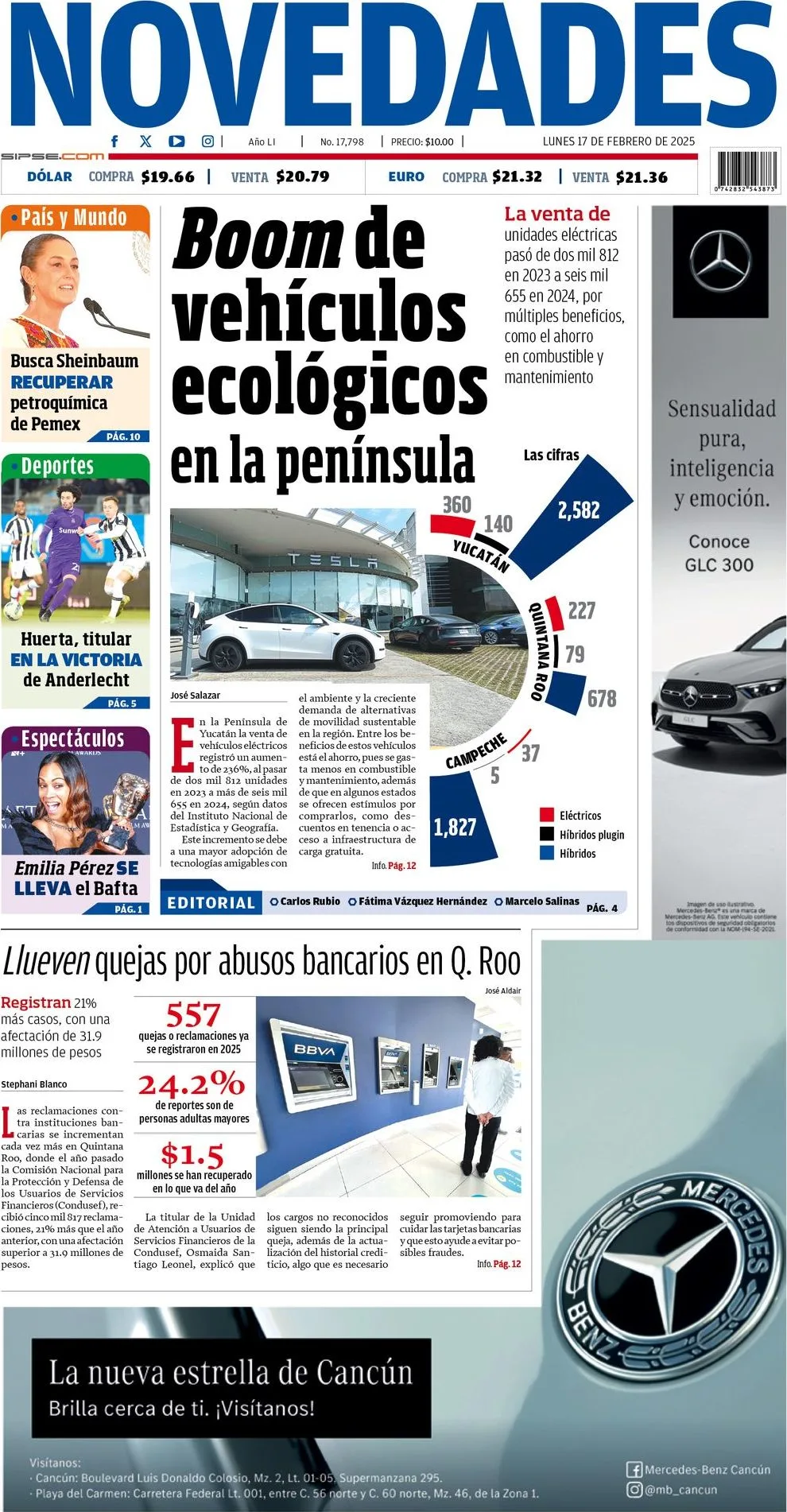 Portada de Novedades Quintana Roo del lunes, 17 de febrero de 2025
