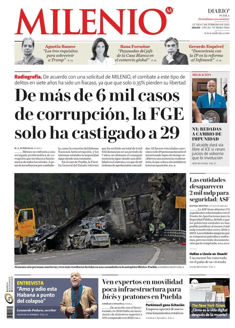 Portada de Milenio Puebla del lunes, 17 de febrero de 2025