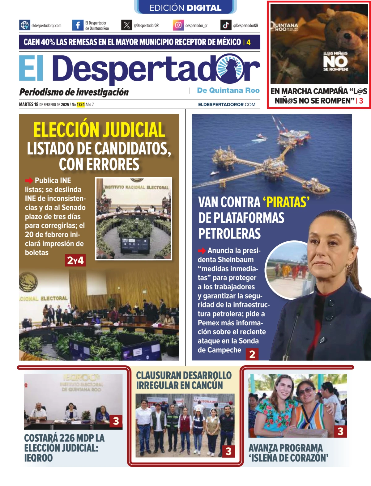 Portada de El Despertador de Quinatana Roo del 2025-02-18
