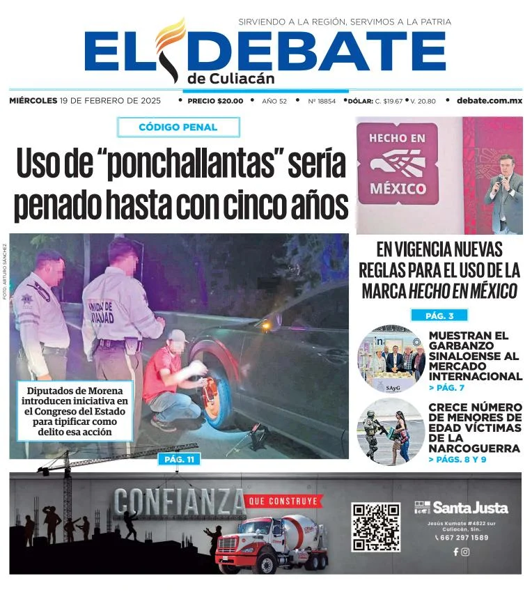 Portada de El Debate de Culiacán del miércoles, 19 de febrero de 2025