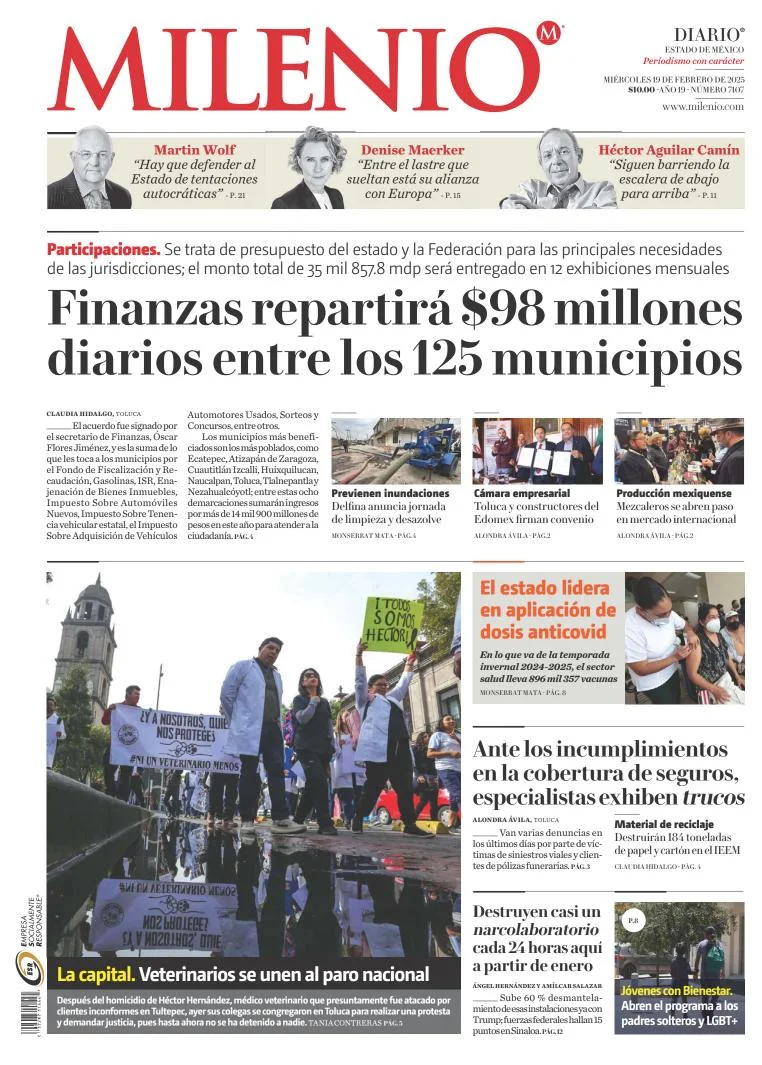 Portada de Milenio Edo de México del miércoles, 19 de febrero de 2025