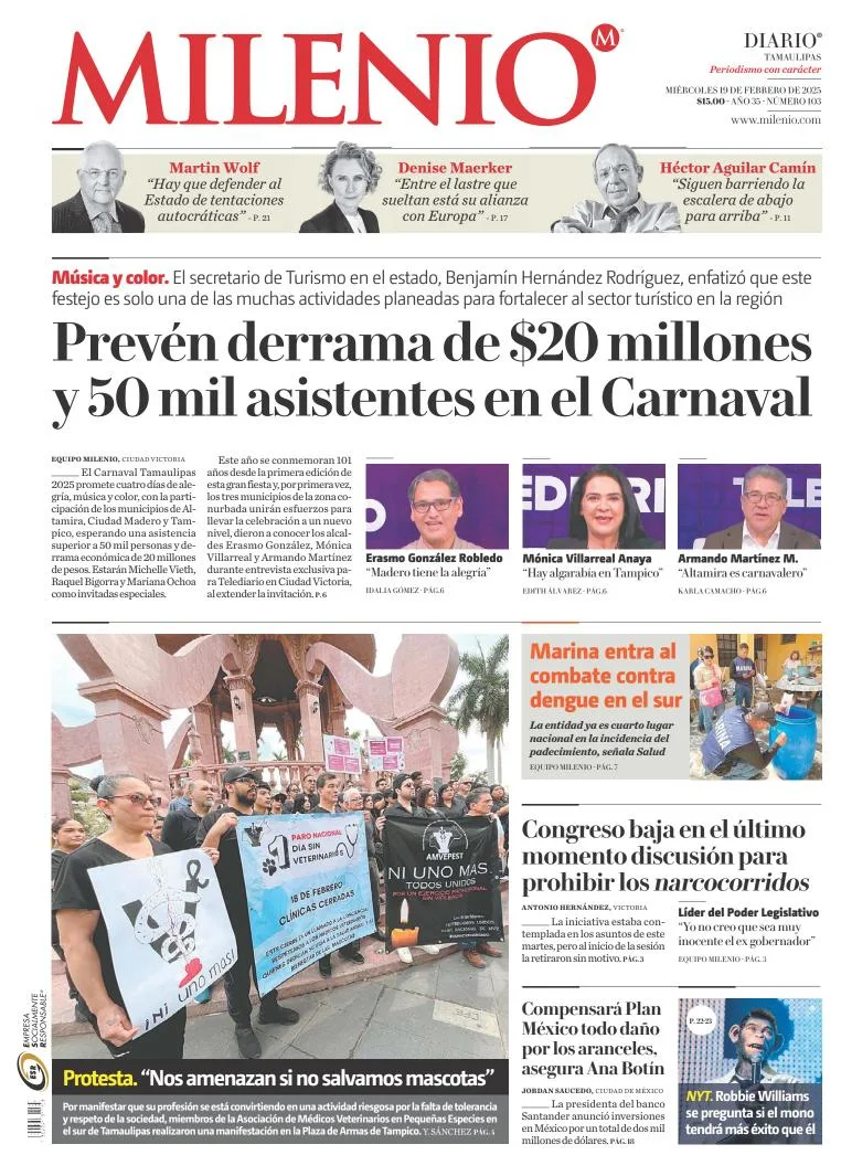 Portada de Milenio Tamaulipas del miércoles, 19 de febrero de 2025