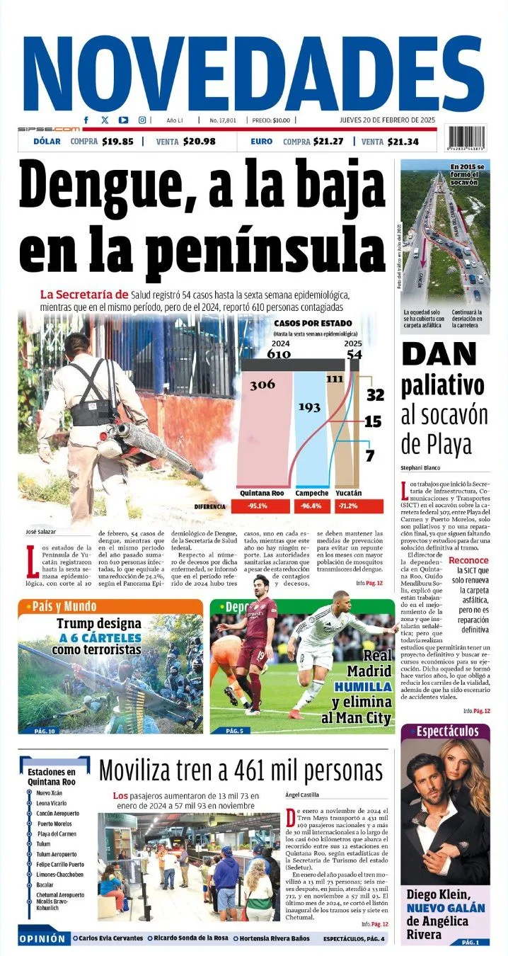 Portada de Novedades Quintana Roo del jueves, 20 de febrero de 2025