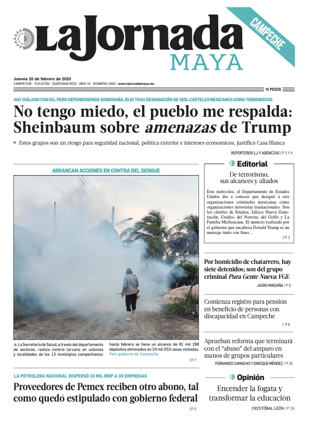 Portada de La Jornada Maya Campeche del jueves, 20 de febrero de 2025