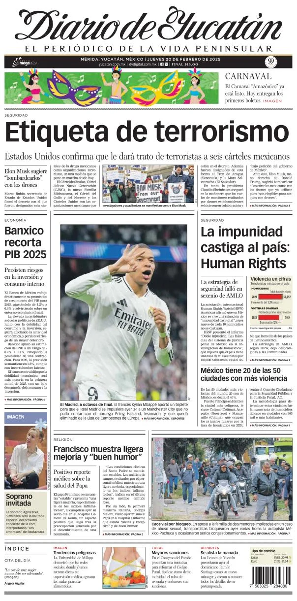 Portada de Diario de Yucatán del jueves, 20 de febrero de 2025