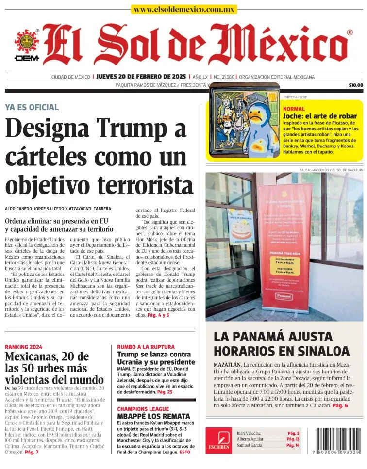 Portada de El Sol de México del jueves, 20 de febrero de 2025