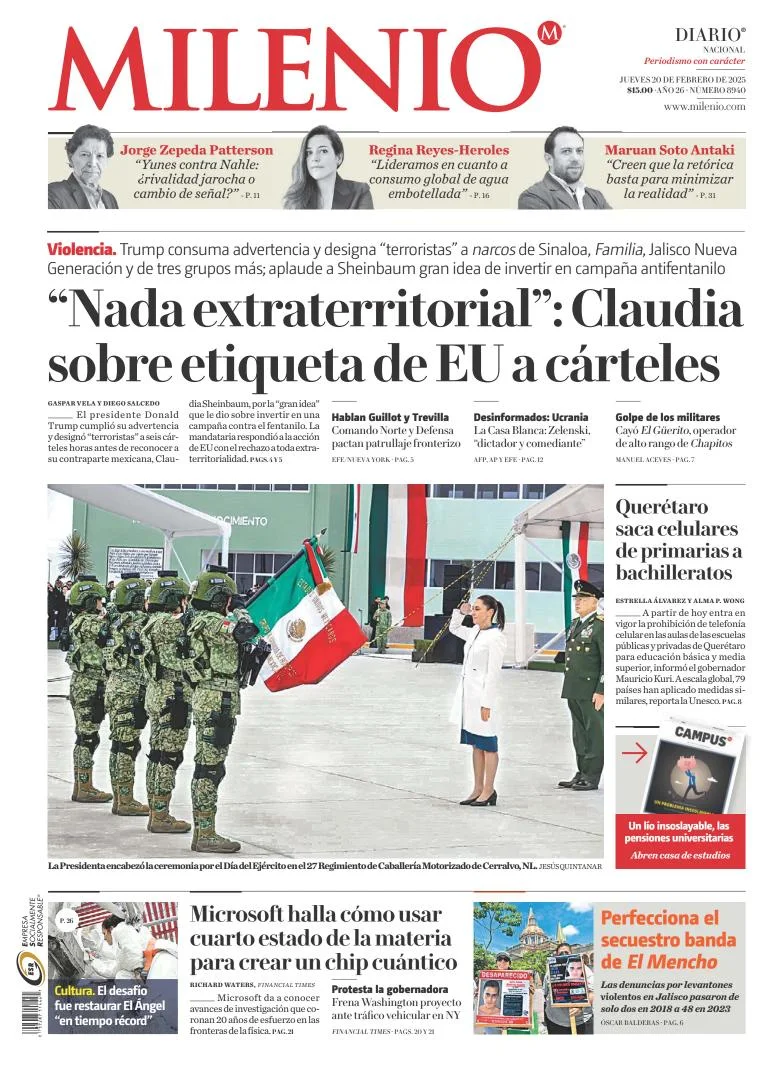 Portada de Milenio del jueves, 20 de febrero de 2025