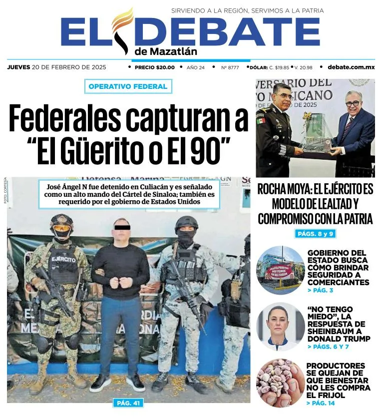 Portada de El Debate de Mazatlán del jueves, 20 de febrero de 2025