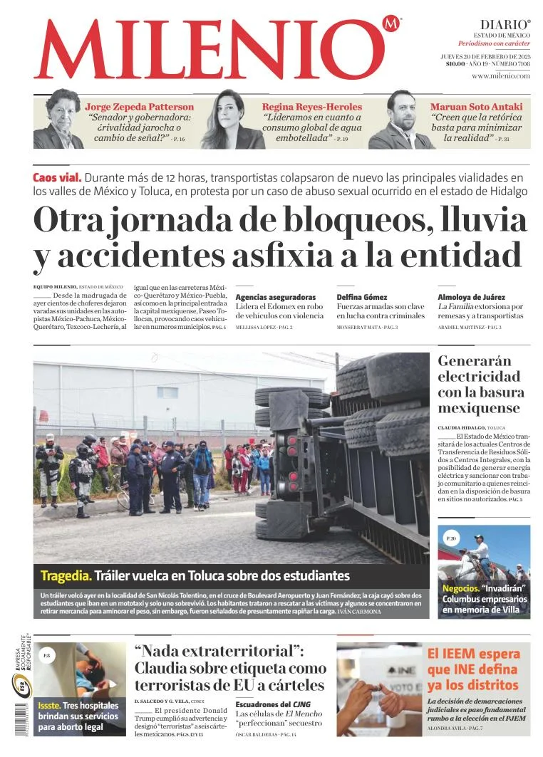Portada de Milenio Edo de México del jueves, 20 de febrero de 2025