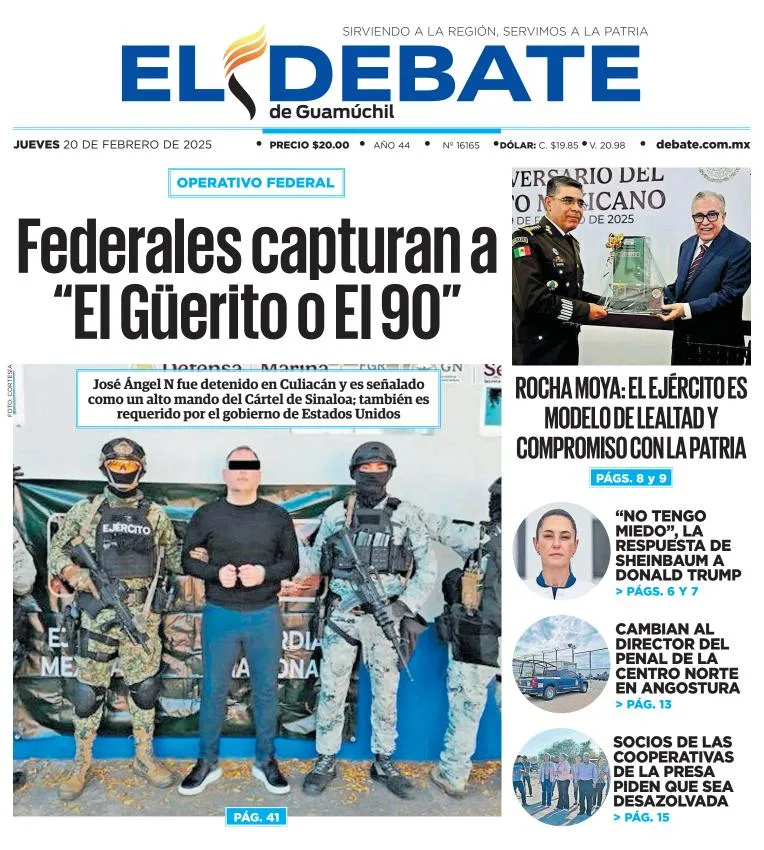 Portada de El Debate de Guamúchil del jueves, 20 de febrero de 2025