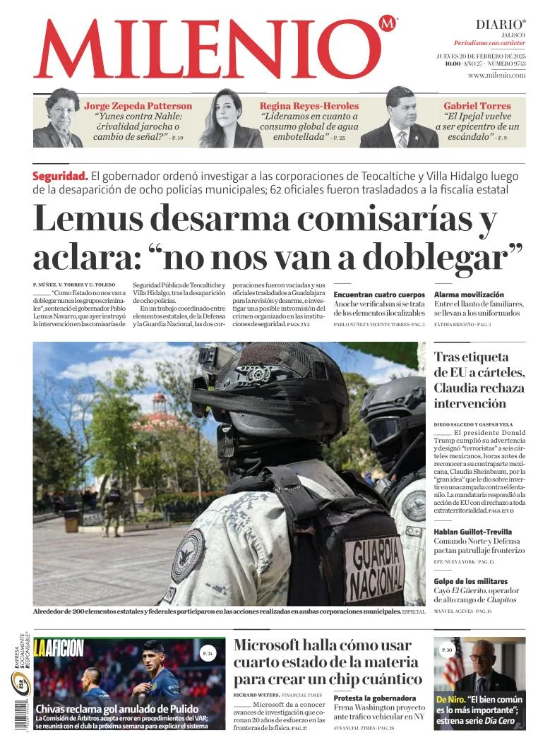 Portada de Milenio Jalisco del jueves, 20 de febrero de 2025