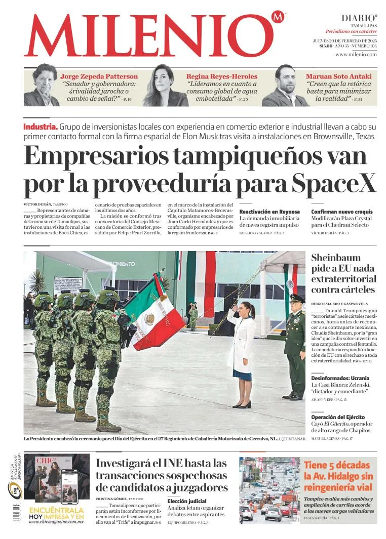 Portada de Milenio Tamaulipas del jueves, 20 de febrero de 2025