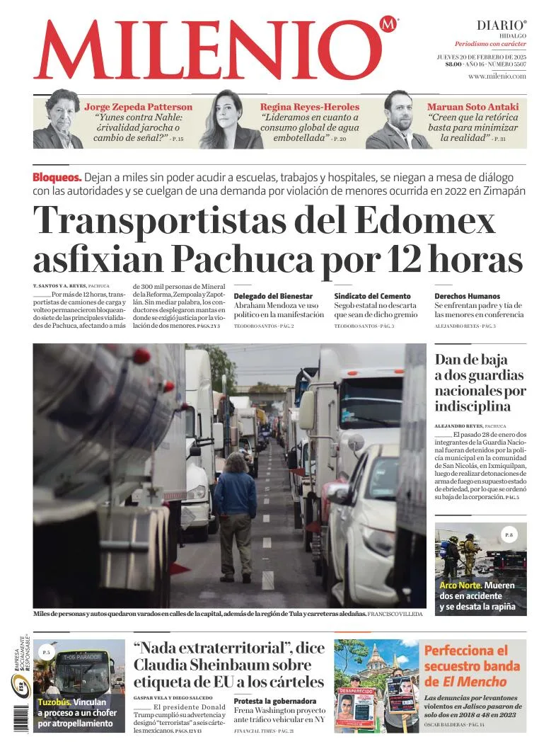 Portada de Milenio Hidalgo del jueves, 20 de febrero de 2025