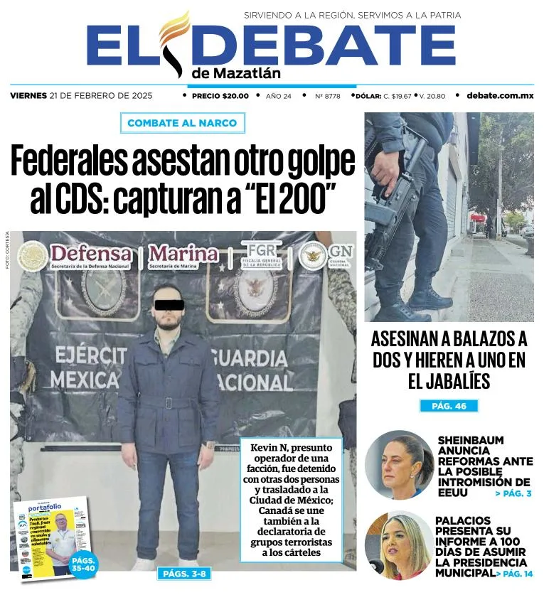 Portada de El Debate de Mazatlán del viernes, 21 de febrero de 2025