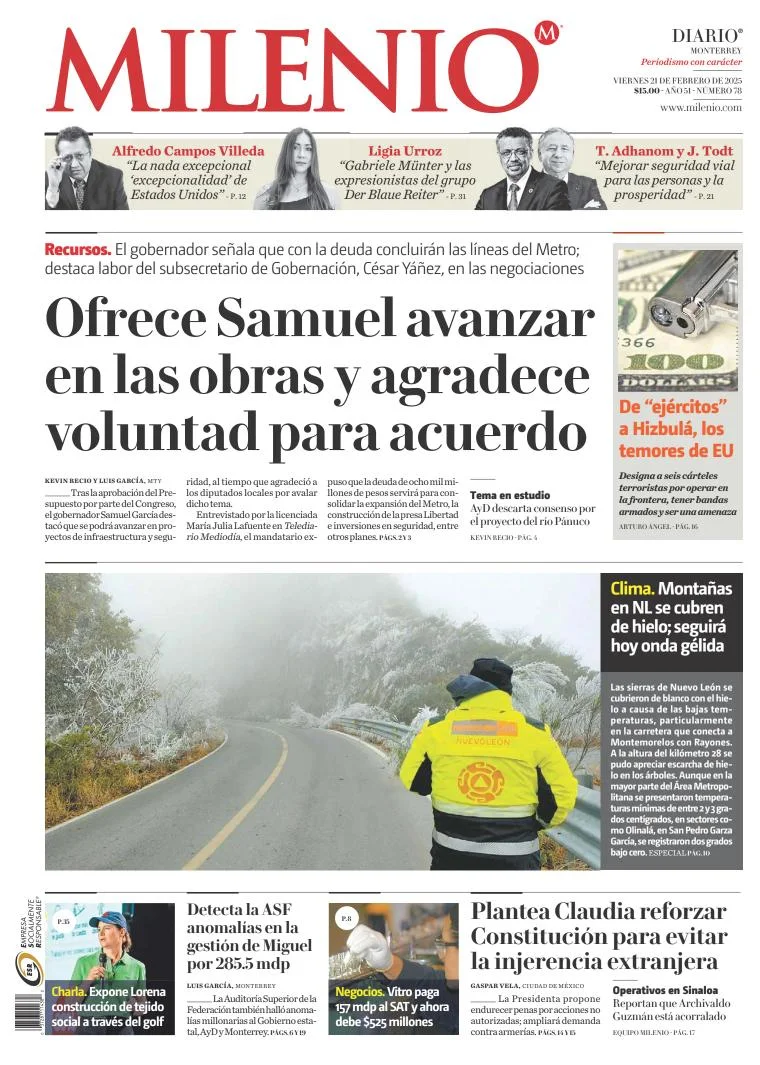 Portada de Milenio Monterrey del viernes, 21 de febrero de 2025
