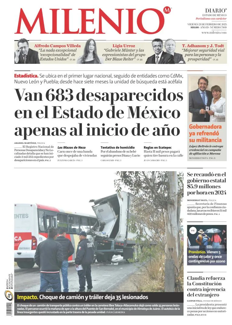 Portada de Milenio Edo de México del viernes, 21 de febrero de 2025