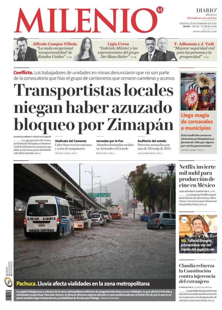 Portada de Milenio Hidalgo del viernes, 21 de febrero de 2025