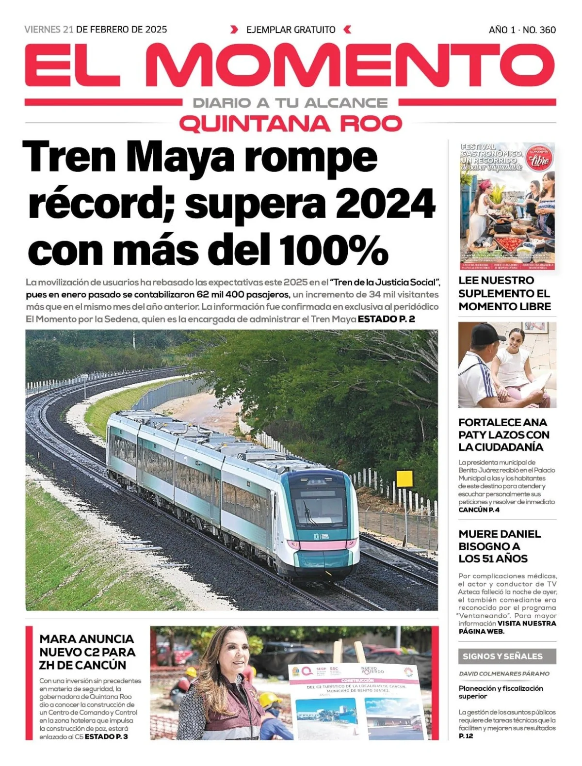 Portada de El Momento Quintana Roo del viernes, 21 de febrero de 2025