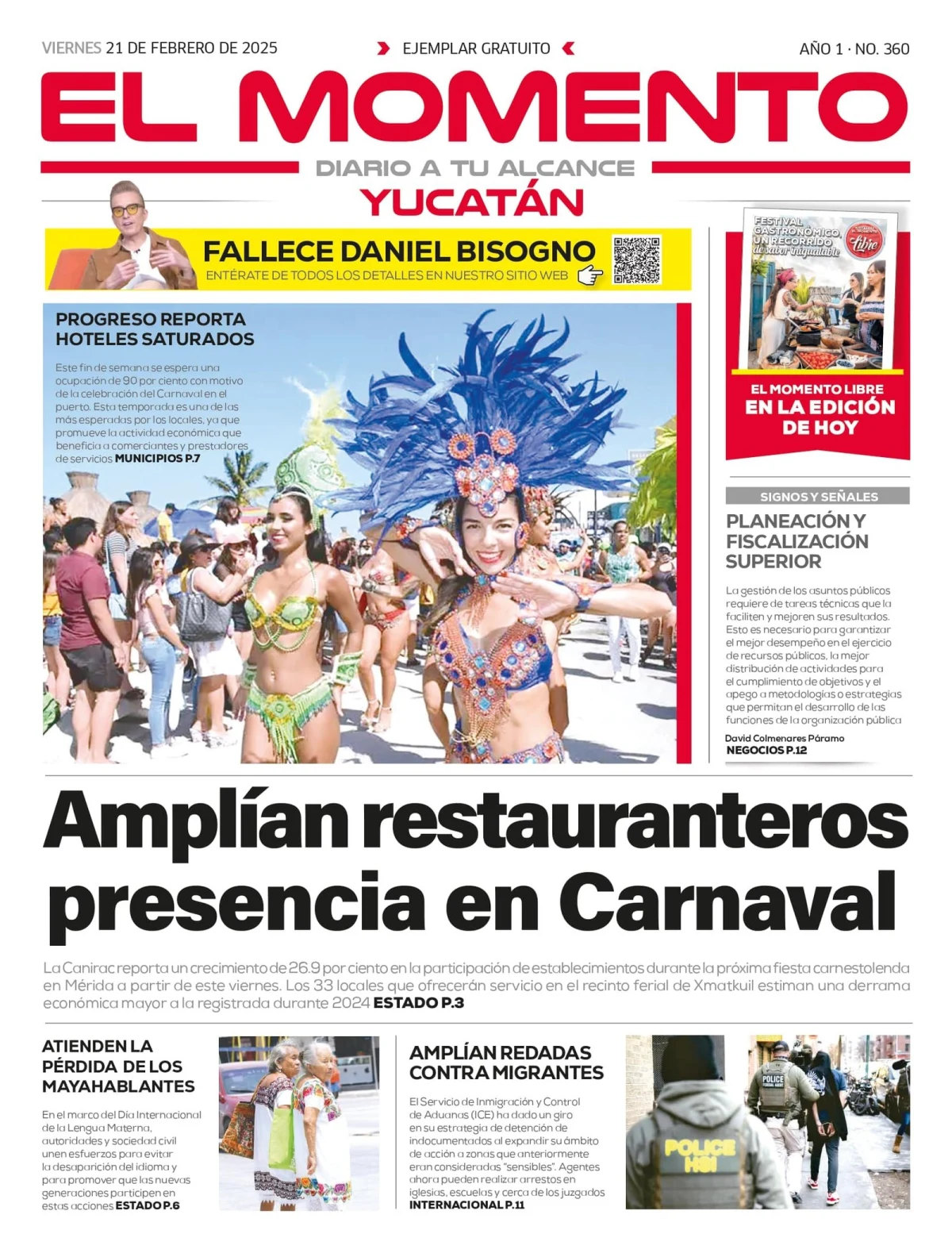 Portada de El Momento Yucatan del viernes, 21 de febrero de 2025