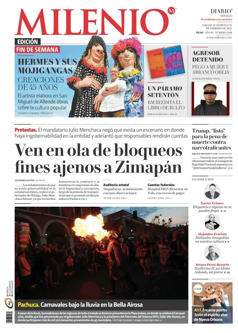 Portada de Milenio Hidalgo del sábado, 22 de febrero de 2025