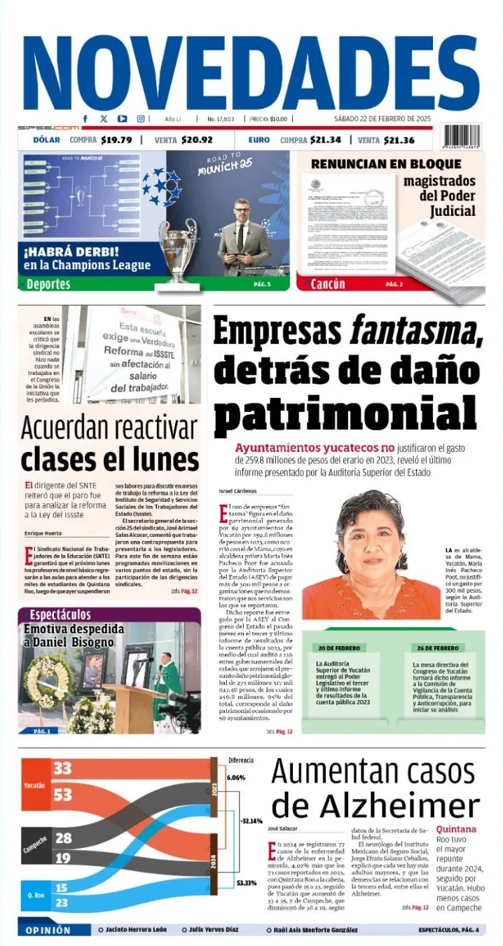 Portada de Novedades Quintana Roo del sábado, 22 de febrero de 2025