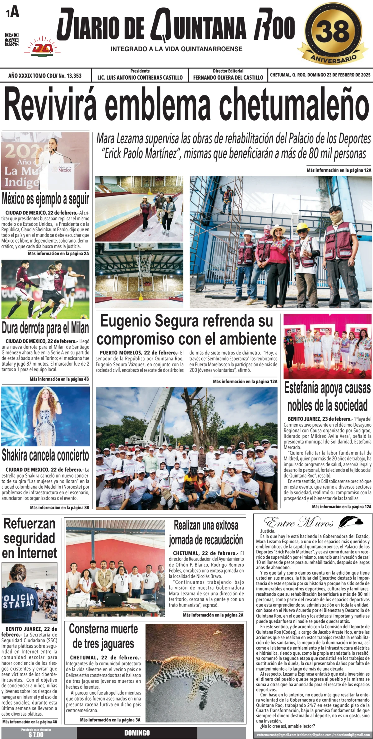 Portada de Diario de Quintana Roo (portada) del domingo, 23 de febrero de 2025