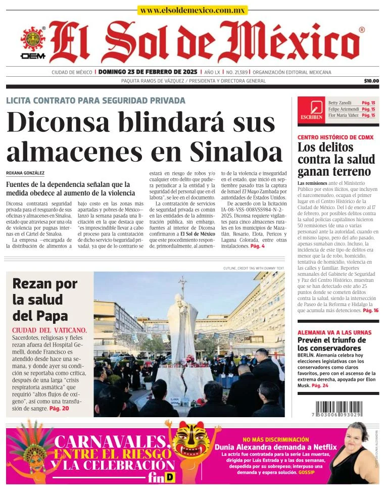 Portada de El Sol de México del domingo, 23 de febrero de 2025