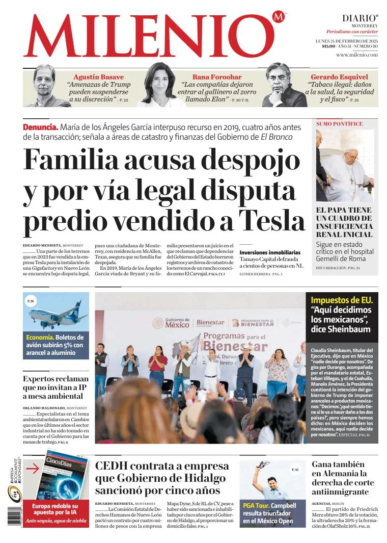 Portada de Milenio Monterrey del lunes, 24 de febrero de 2025