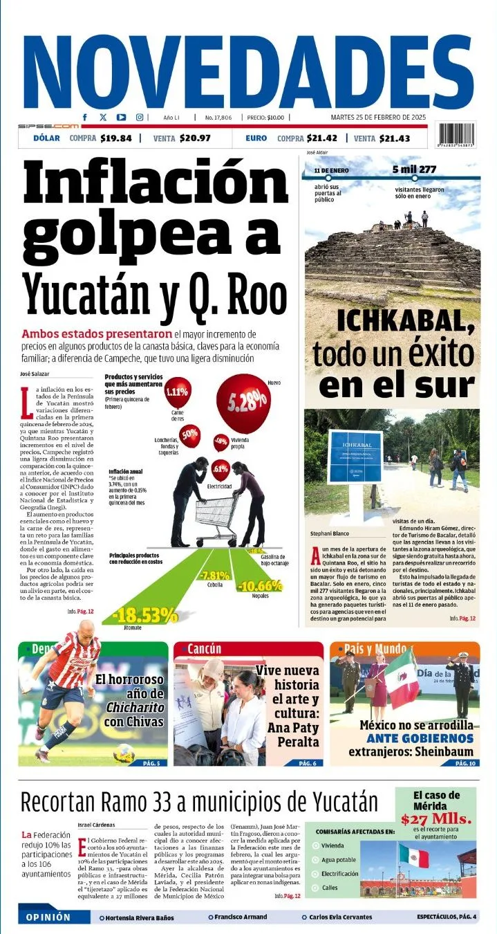 Portada de Novedades Quintana Roo del martes, 25 de febrero de 2025