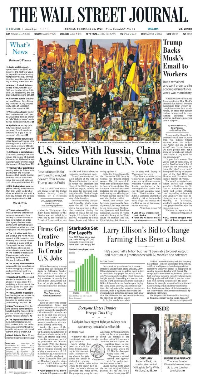Portada de The Wall Street Journal del martes, 25 de febrero de 2025