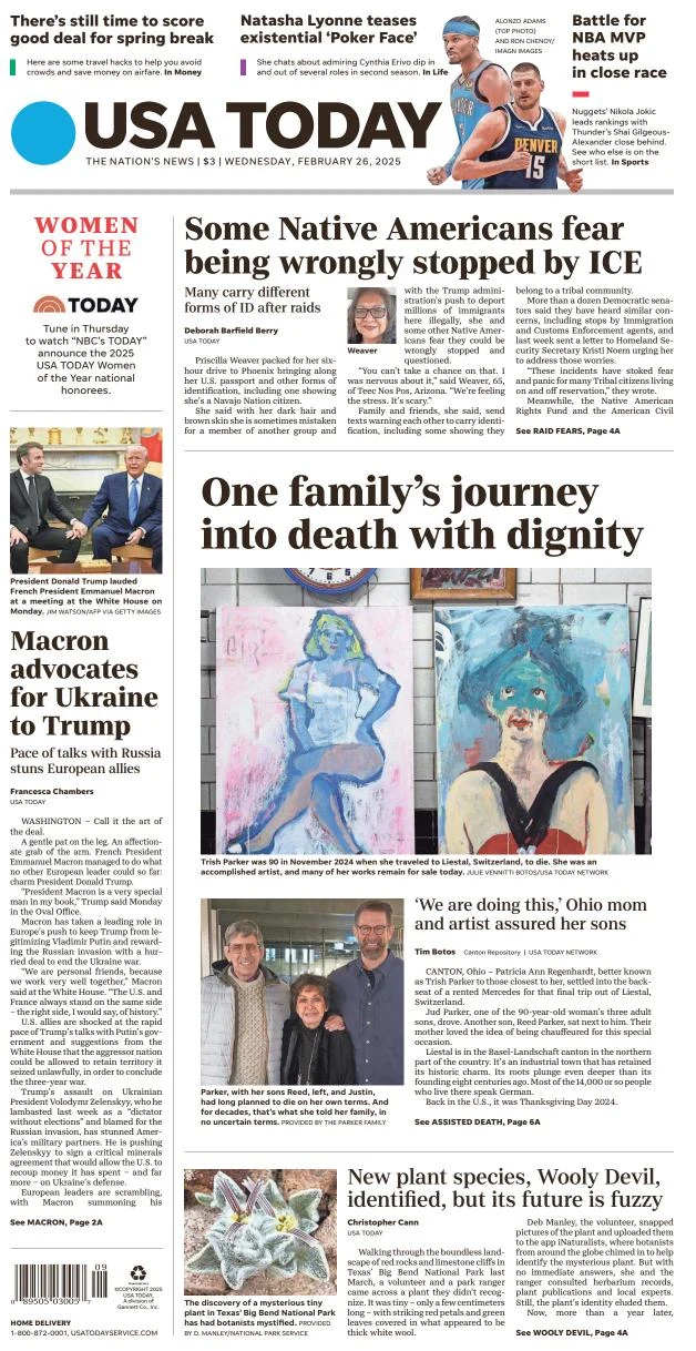 Portada de USA TODAY del miércoles, 26 de febrero de 2025