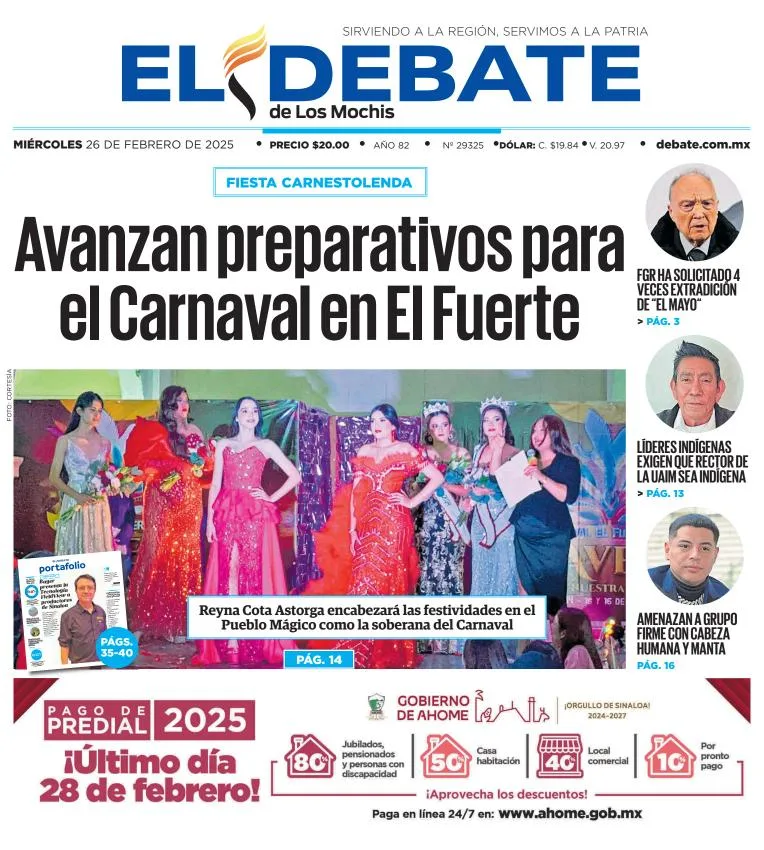 Portada de El Debate de los Mochis del miércoles, 26 de febrero de 2025